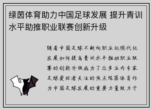 绿茵体育助力中国足球发展 提升青训水平助推职业联赛创新升级